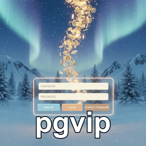 Tela de login do pgvip com moedas e fundo de montanhas.