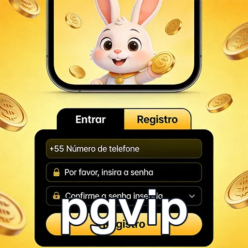 Interface de registro no pgvip com um coelho animado e moedas.