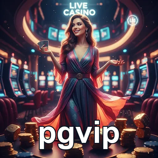 Jogadora em live casino da pgvip, rodeada de fichas e máquinas.