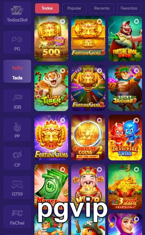 Tela de jogos com opções de bônus no pgvip.